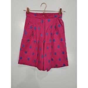 Ilio 80s Vintage Pink Blue Polka Dot High Waisted Cotton Pleated Shorts Womens S